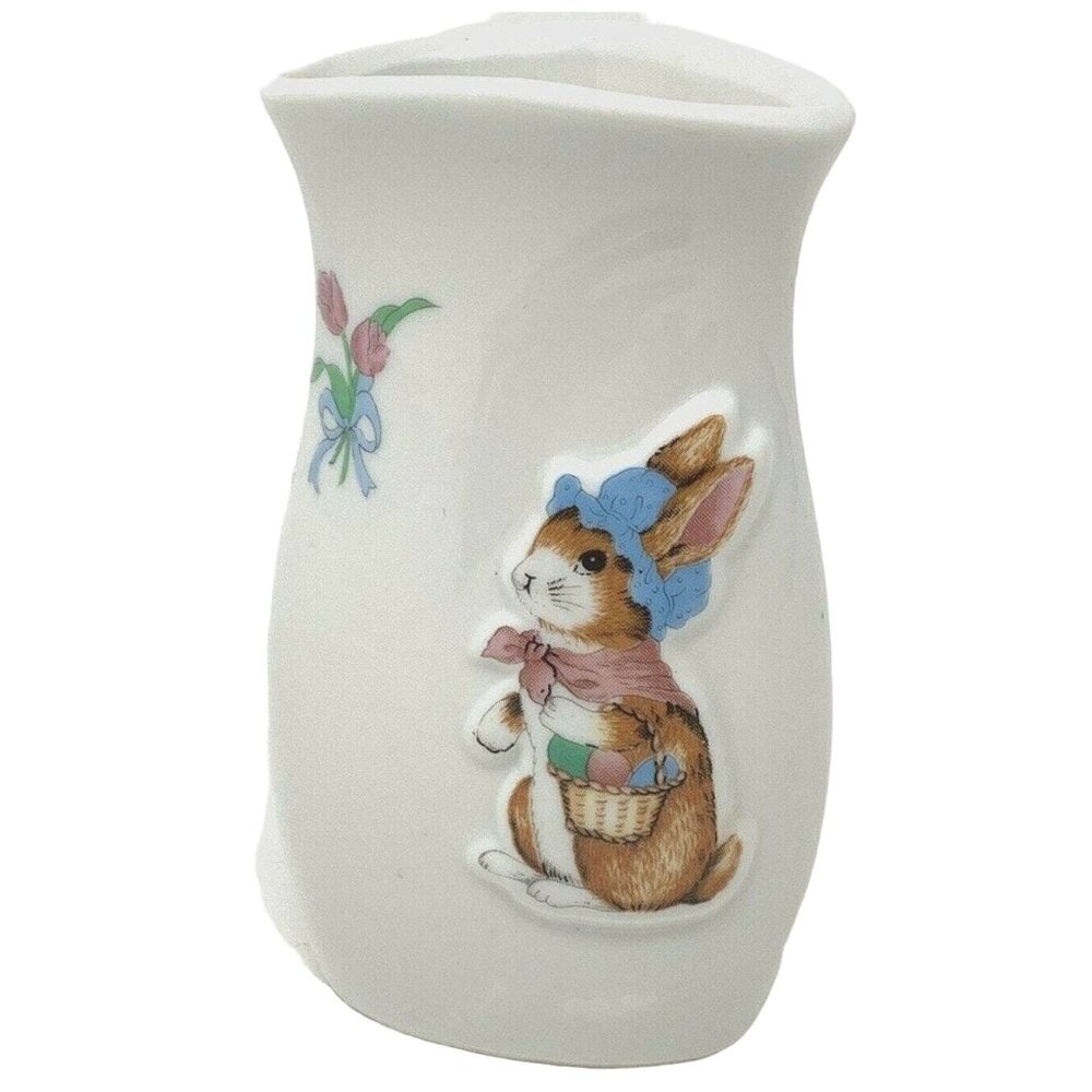 Vintage Mini Bud Vase Easter Bunny Rabbit Blue Bonnet 3D Made in Taiwan 4 Inch